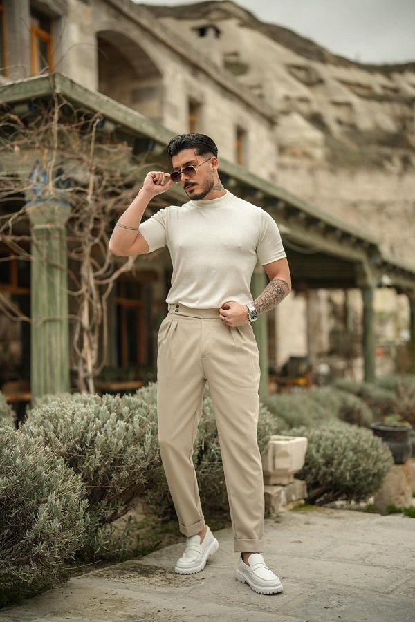OUTF T MAN Men s Buckle Detailed High Waist Trousers Beige Trendyol