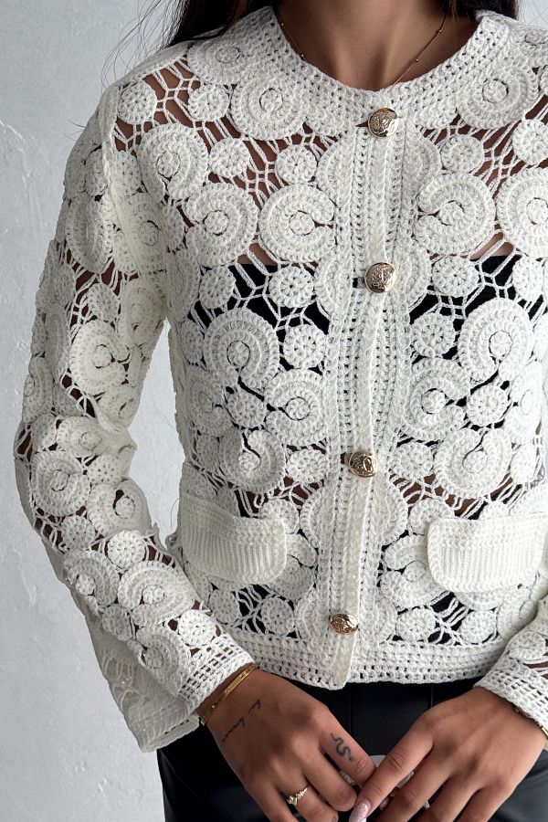 FEMELLE-Weiße Spitzenjacke – Damen, Standardgröße, gehäkelt mit Knöpfen 1