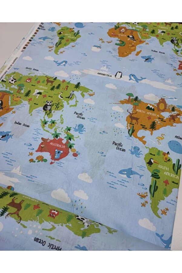 Bebek Özel Bir Metre %100 Pamuklu Poplin Kumaş Dünya Haritası Desenli 240 cm Eninde (100X240 cm)