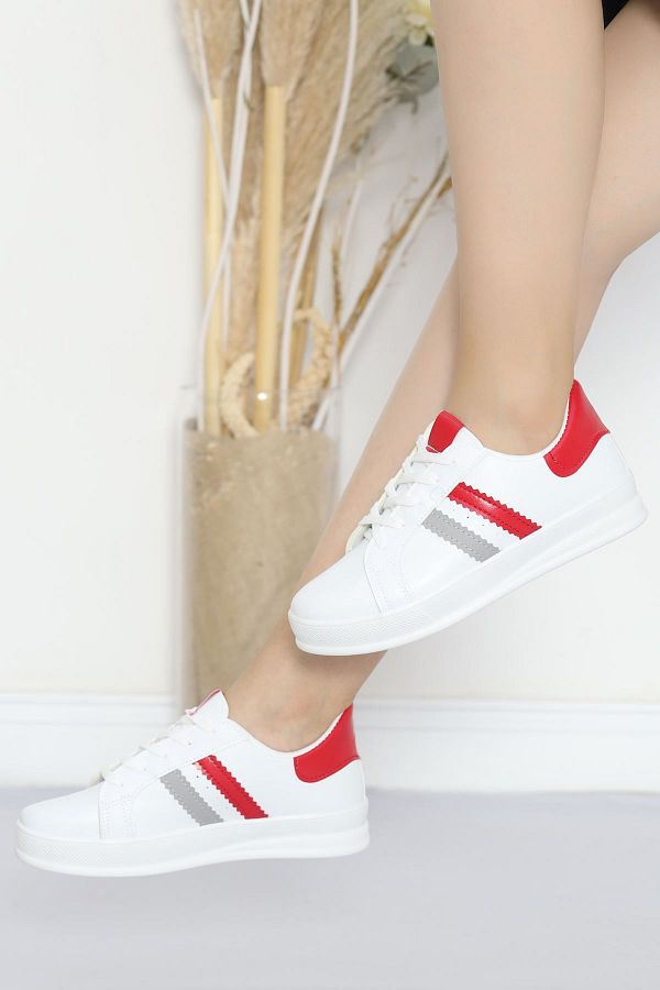 White sneakers with red stripe on sale