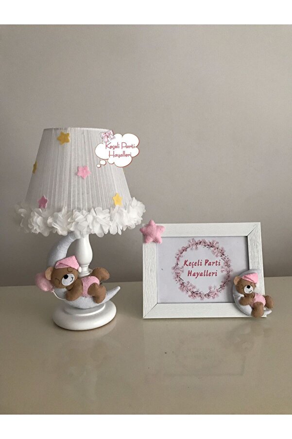 Keçeli parti hayalleri bebek çocuk odası abajur çerçeve ay ayıcık kahve açık pembe beyaz