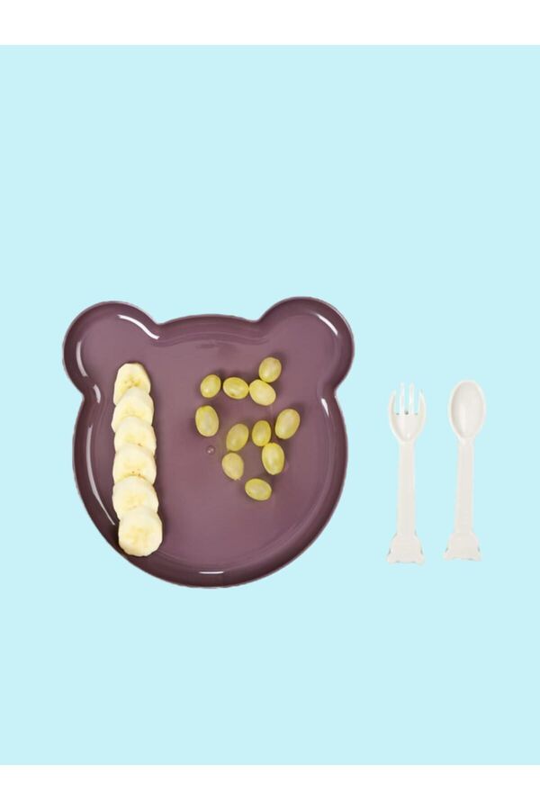 Bayev Bear Çatal Kaşıklı Mama Tabağı - Bebe Mama Seti Mor