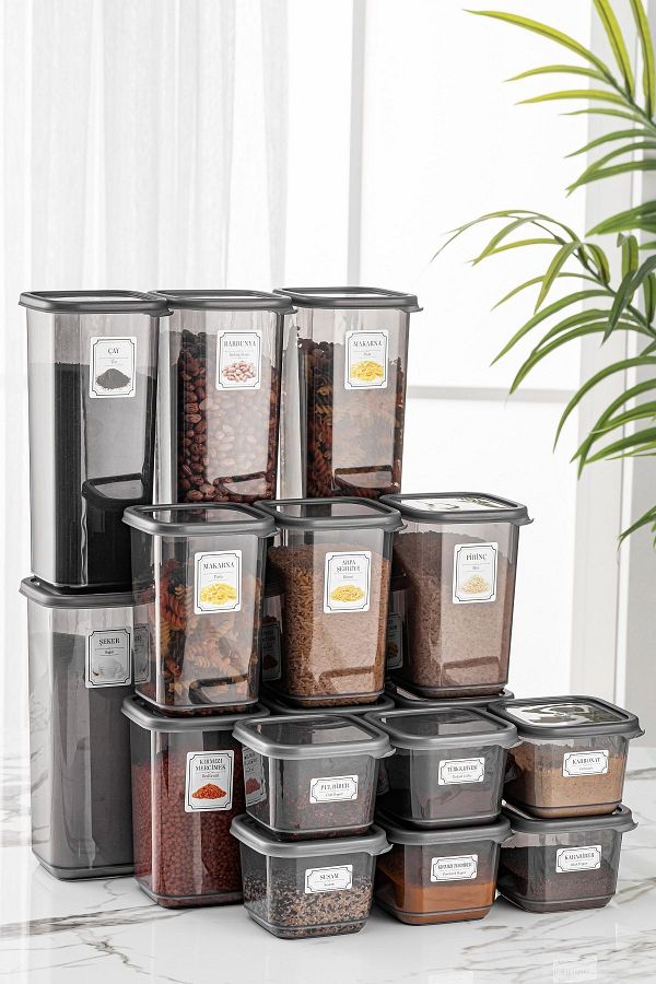 Meleni Home 18 Piece Pino Spice Rack Food Storage Container Square Spice Set with Lid 6x 0.50 LT 1 10 LT 1 70 LT Trendyol