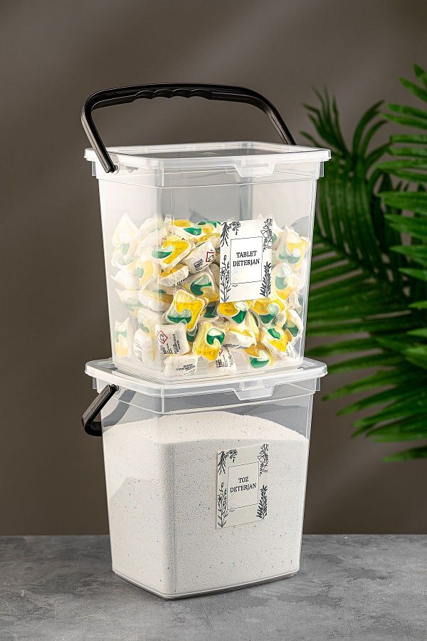 Meleni Home-6-lt Detergent Storage Container with 2 Labels - Tablet Detergent Storage Box with Handle Transparent 1