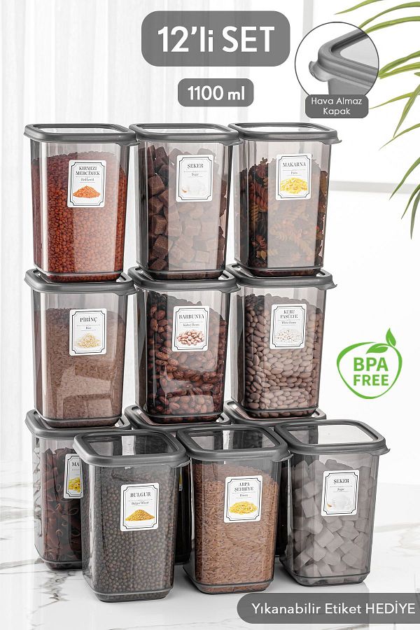 Meleni Home-Set of 12 Large Size Square Food Storage Container with Pino Label Anthracite 12 X 1.10 Lt 1