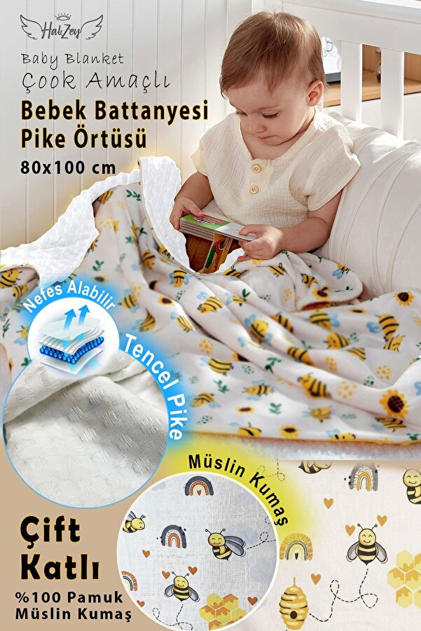HALZEY Bebek Battaniyesi Arı Desenli 80x100 Cm, Çift Taraflı Müslin Kumaş Ve Ten-cel Pike Kumaş