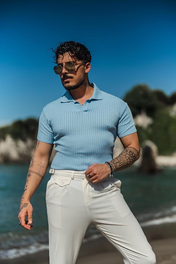 OUTF T MAN Baby Blue Men s Polo Collar Embossed Stripe T Shirt Trendyol