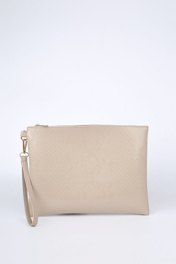 Defnella-Beige Snake Pattern Clutch Bag 25X19 cm 1