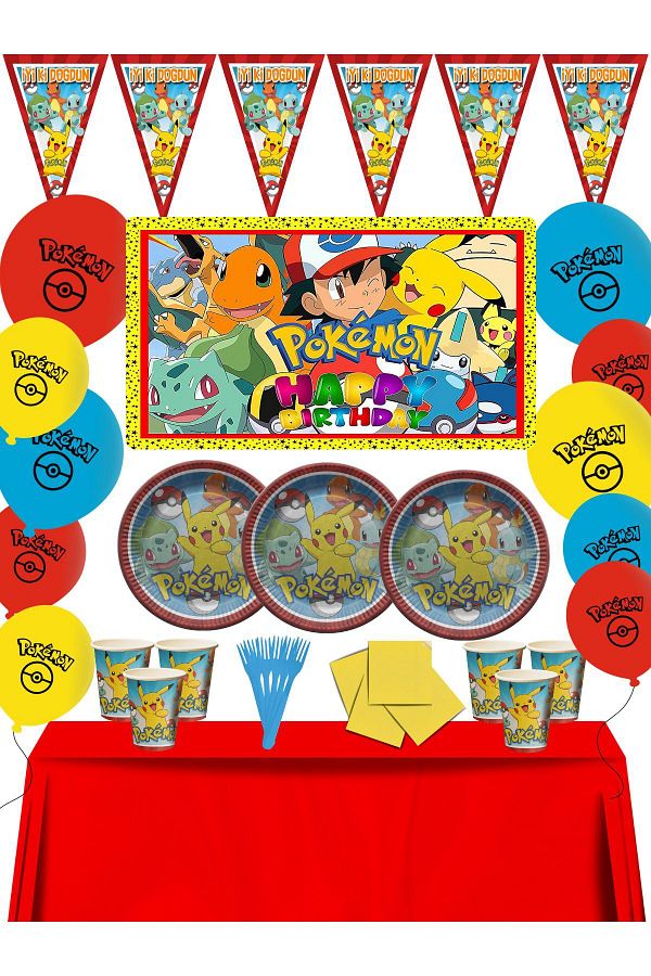 snowparty-16 Person Birthday Party Supplies Ornaments Set with Pokemon Banner Lxst 1
