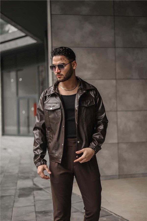 OUTF T MAN Men s Vintage Fit Leather Jacket Hot Coffee Trendyol