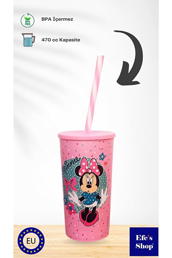 Peaceful 470 Cc Lisanslı Minnie Desenli Bpa Free Pembe Renk Kapaklı Pipetli Bardak