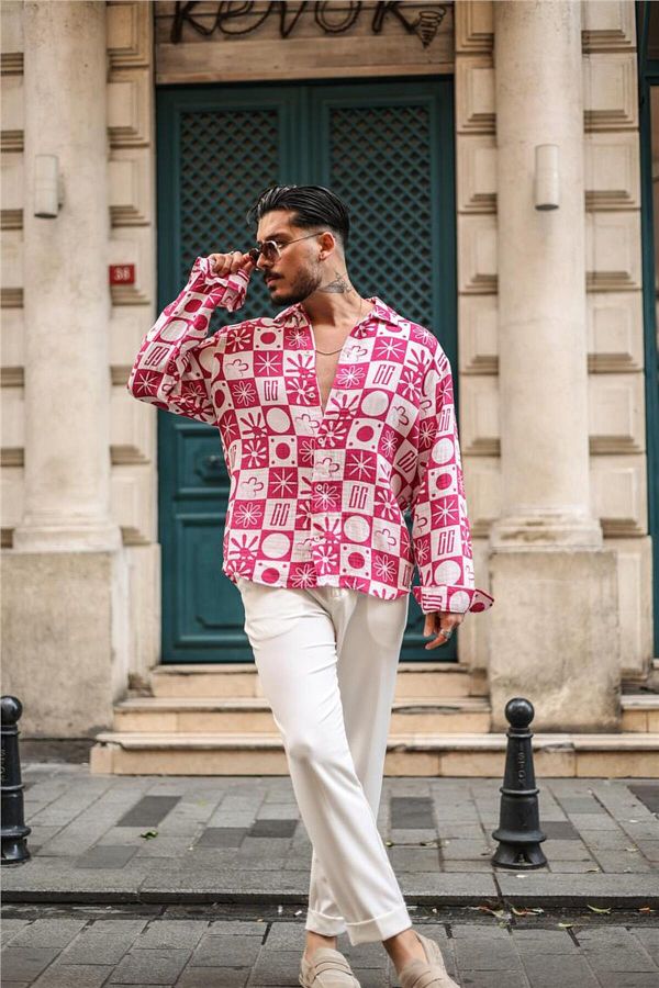 OUTF T MAN Men s Patterned Muslin Oversize Shirt Fuchsia Trendyol