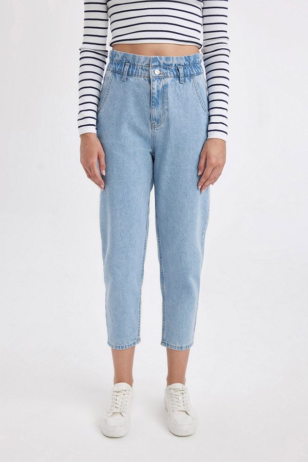 DEFACTO F T High Waist Washed Paper Bag Jeans Short Leg Trousers Trendyol