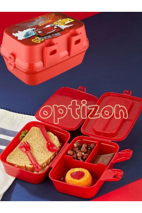 OPTİZON-Speed Car Car Two Layer Compartmented Fork Spoon Lunch Box Double Locked 1