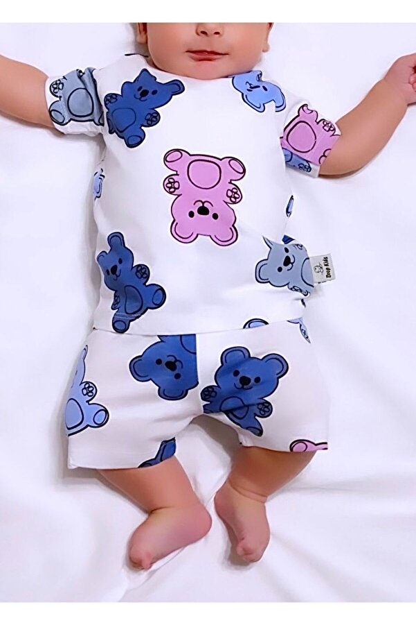 Drop Kids Bebek Pijama Takımı Kısakol Şort Pembe Renkli Ayıcık Desen %100 Pamuk
