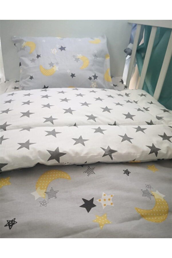 Bebek Özel %100 Pamuklu Çocuk 90x190 Montessori Yastık Çarşaf Yorgan Seti Gri Sarı Büyük Yıldızlı (Yorganlı)