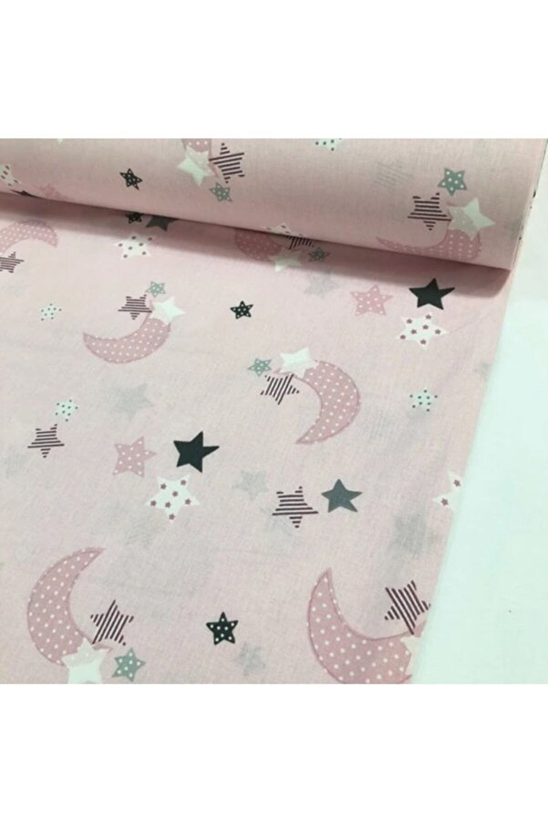 Bebek Özel Bir Metre %100 Pamuklu Poplin Kumaş Pembe Ay Yıldız Desenli 240 cm Eninde (100X240 cm)