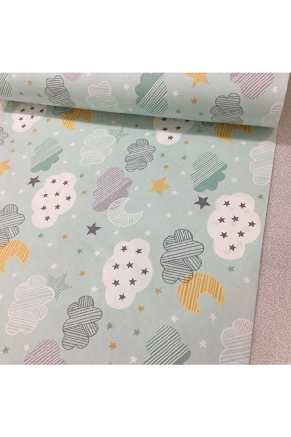 Bebek Özel Bir Metre %100 Pamuklu Kumaş Yeşil Ay Yıldız Desenli 240 cm Eninde (100X240 cm)