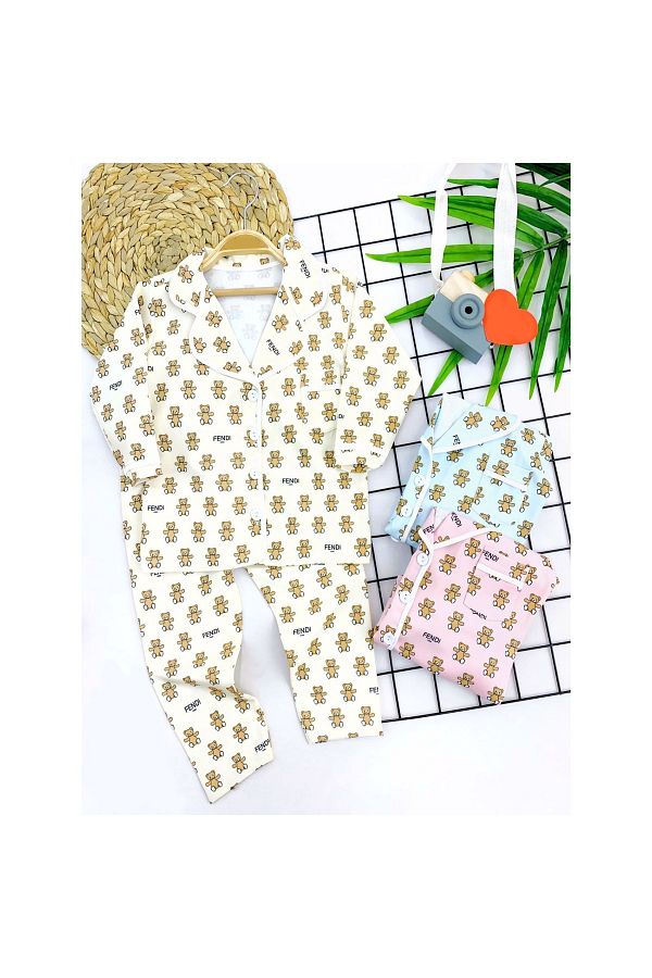 DEN ZC K Fendi Printed 3 Year Old Children s Pajama Set Blue 2 Piece Button Closure Trendyol
