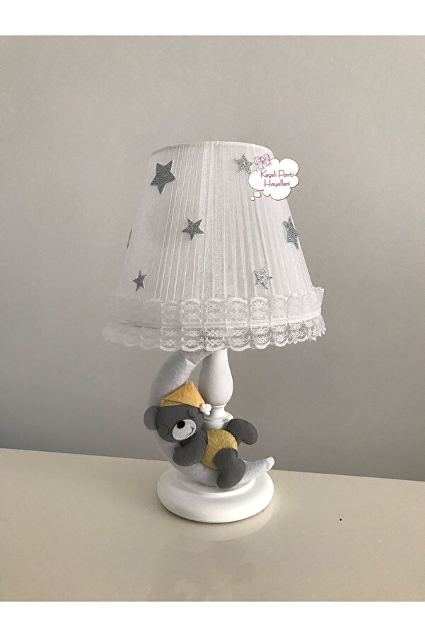 Keçeli parti hayalleri bebek çocuk odası abajur ay ayıcık sarı gri beyaz