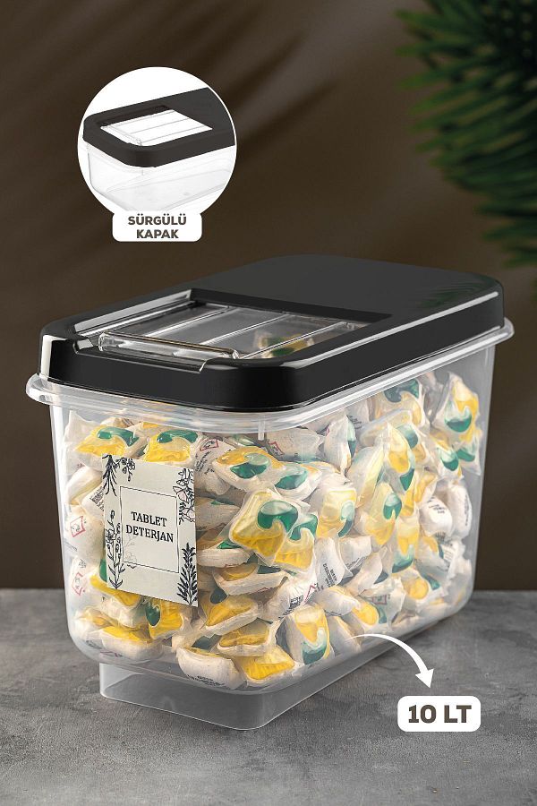 Meleni Home-10 Lt Detergent Storage Container with Sliding Lid - Labeled Tablet Detergent Storage Box Anthracite 1