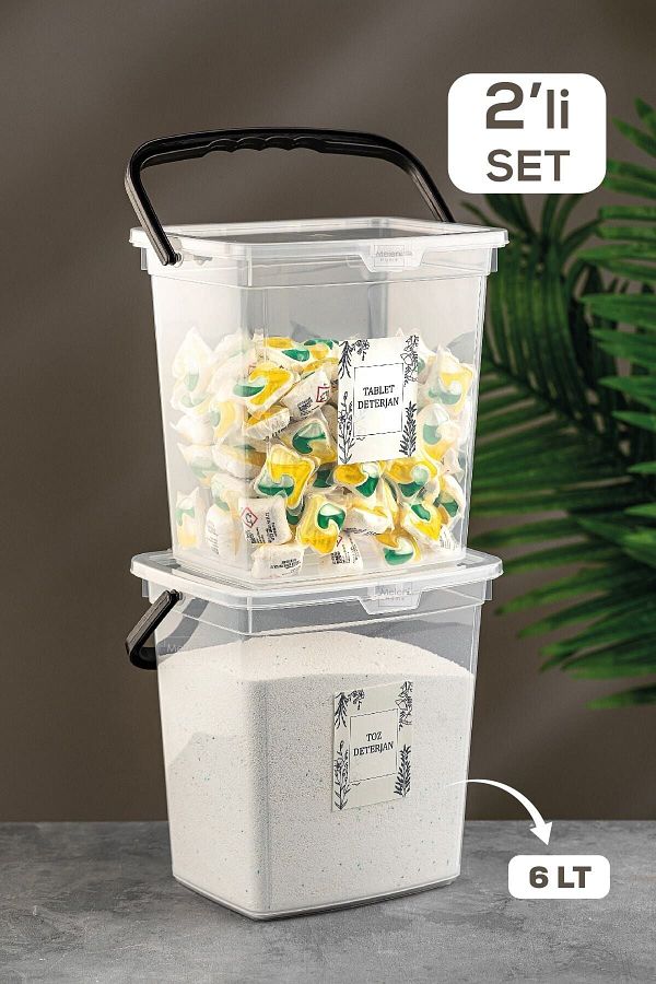 Meleni Home-Set of 2 Detergent Storage Container with Labeled Lid - Portable Tablet Detergent Storage Box Transparent 1