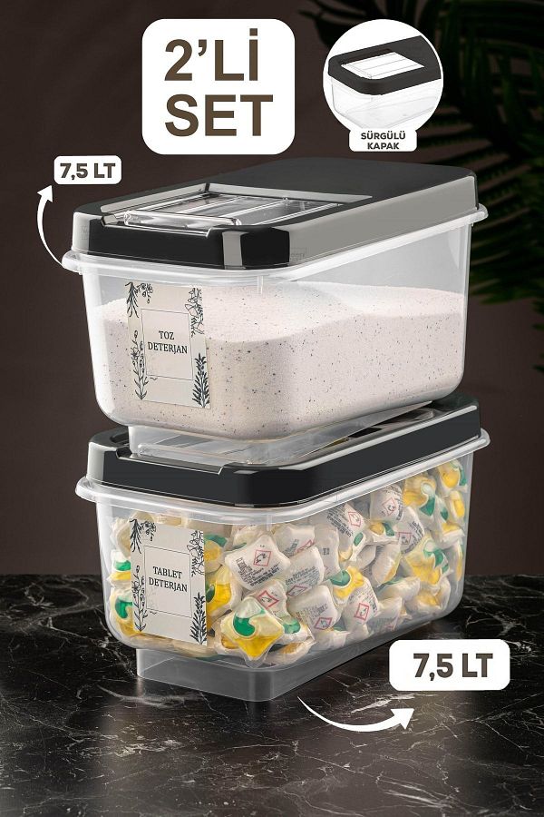 Meleni Home-2 Pack Labeled 7.5 Lt Detergent Storage Container with Sliding Lid - tablet Detergent Storage Box Anthracite 1