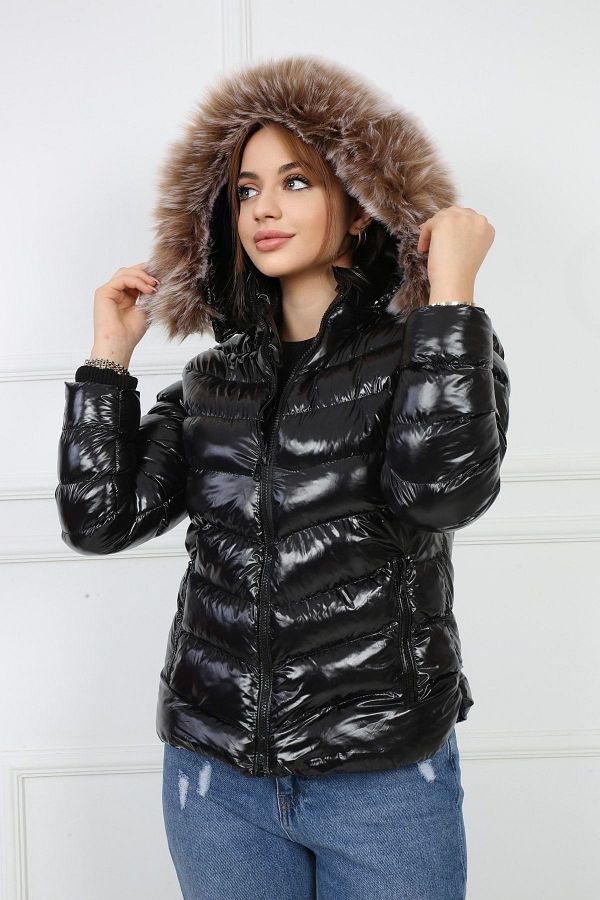 Ladies black shiny puffer coat outlet