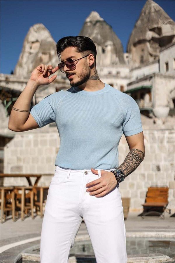 OUTF T MAN Men s Slim Fit Knitted Basic Knitwear T Shirt Baby Blue Trendyol