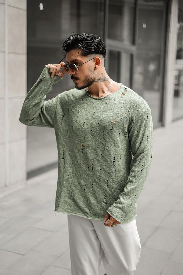 OUTF T MAN Ripped Knitwear Sweater Mint Trendyol