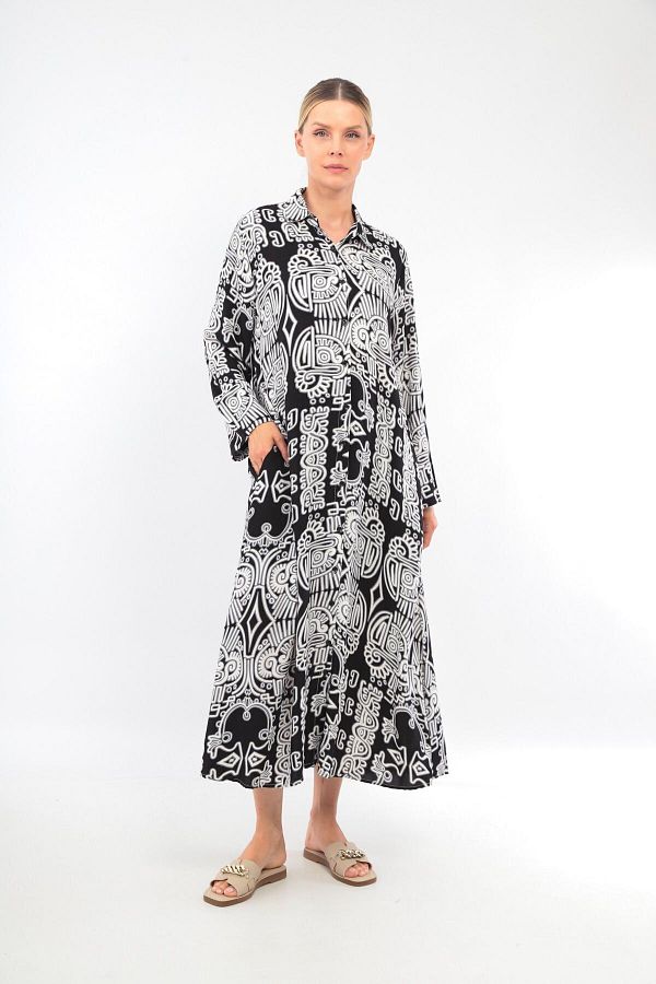 soBasic-Black Viscose Shirt Dress - 100% Cotton, Patterned, Buttoned Front and Slit - Std 1
