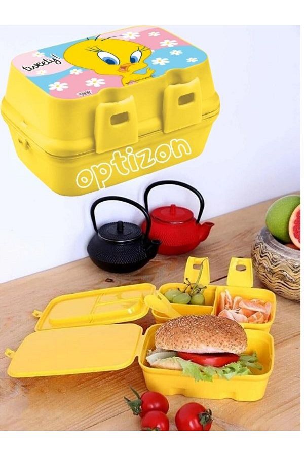 OPTİZON-Tweety Two-layer Lunch Box with Compartments - Double Layer Box with Fork and Spoon 1