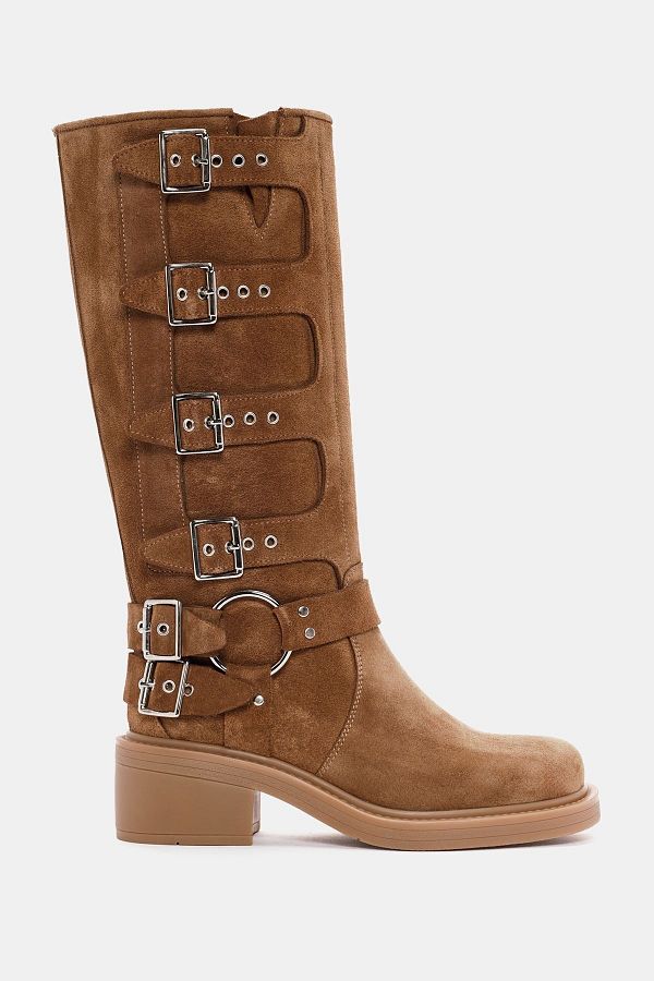Bestyle Hero Women s Camel Colored Suede Leather Biker Boots Trendyol