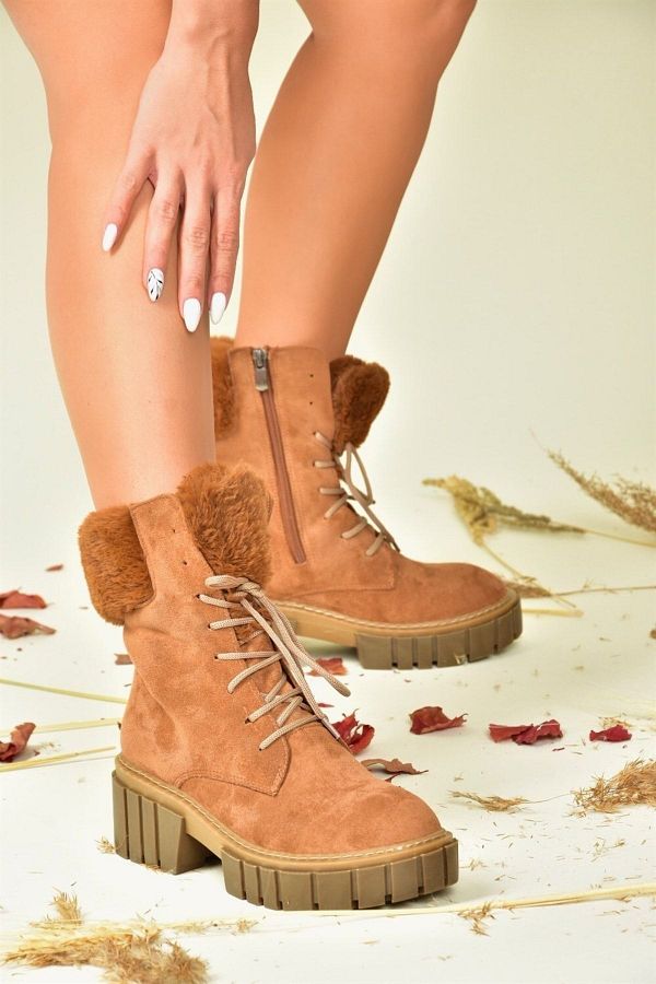 Fox Shoes Tan Suede Thick Sole Women s Shearling Boots N820171002 Trendyol