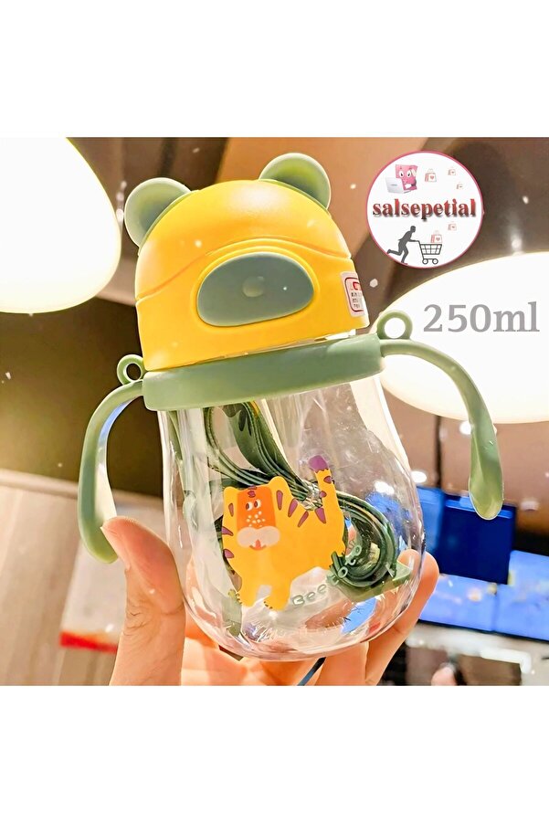 Salsepetial 250ml Ayıcık Figürlü Pipeti Suluk Bebek Matara Askılı Sevimli Su Şişesi Bebek Pipetli Biberon Matara