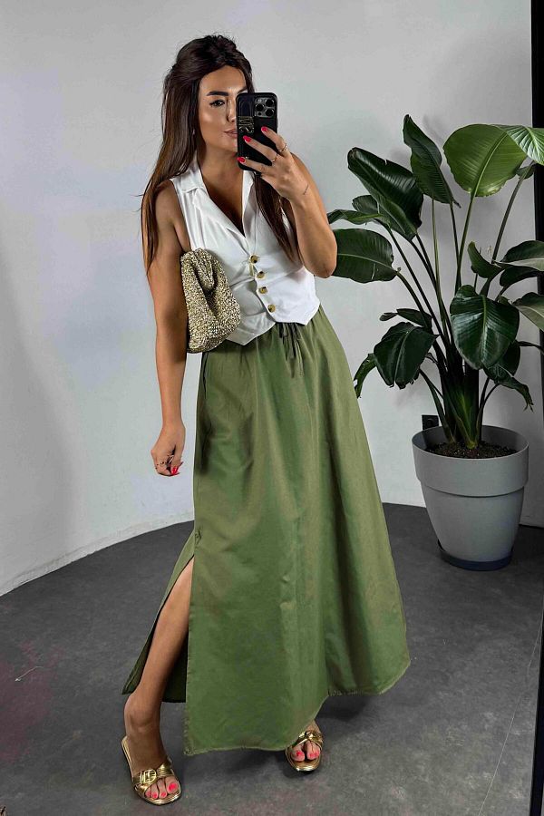 Butik Gardrop Khaki Viscose Skirt Pocket Detailed Trendyol