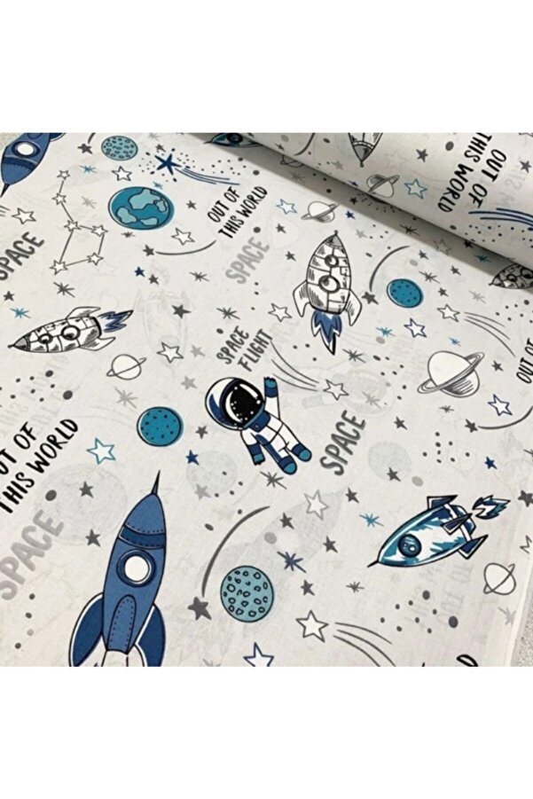 Bebek Özel Bir Metre %100 Pamuklu Poplin Kumaş Uzay Astronot Desenli 240 cm Eninde (100X240 cm)