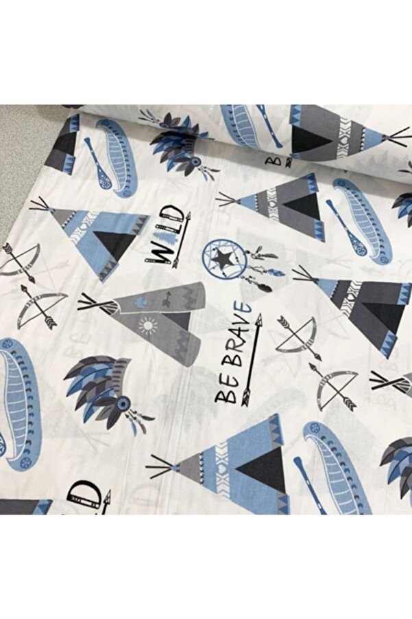 Bebek Özel Bir Metre %100 Pamuklu Poplin Kumaş Mavi Kamp Çadır Desenli 240 cm Eninde (100X240 cm)