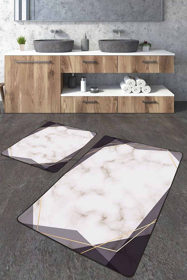 Homiko-Flu Marble Patterned Large Size Bathroom Mat Set of 2 1