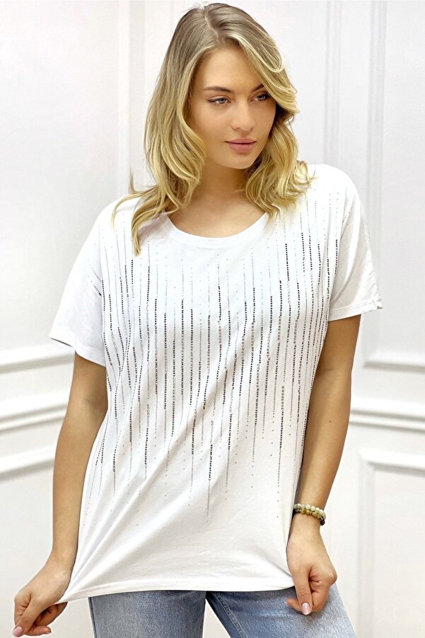 RICH GLAM Tricou de damă, cu tăietură liberă, cu gât roșu, mărime