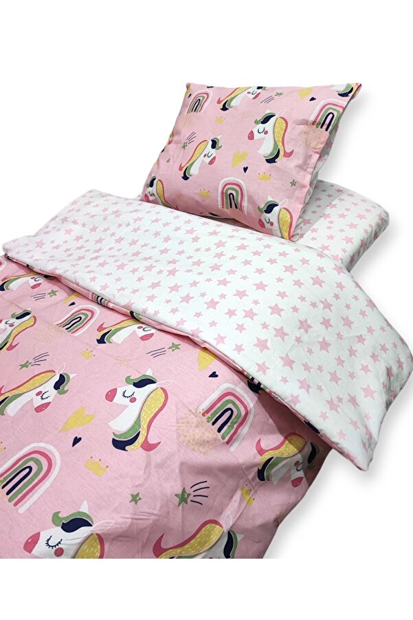 Bebek Özel %100 Pamuklu Çocuk 100x200 Montessori Yastık Çarşaf Yorgan Pembe Unicorn (Yorganlı)