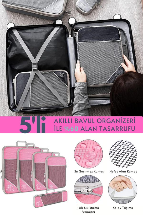 ZENİTH-Set of 5 Pink and Travel Compressible Zippered Smart Suitcase Organizer 1