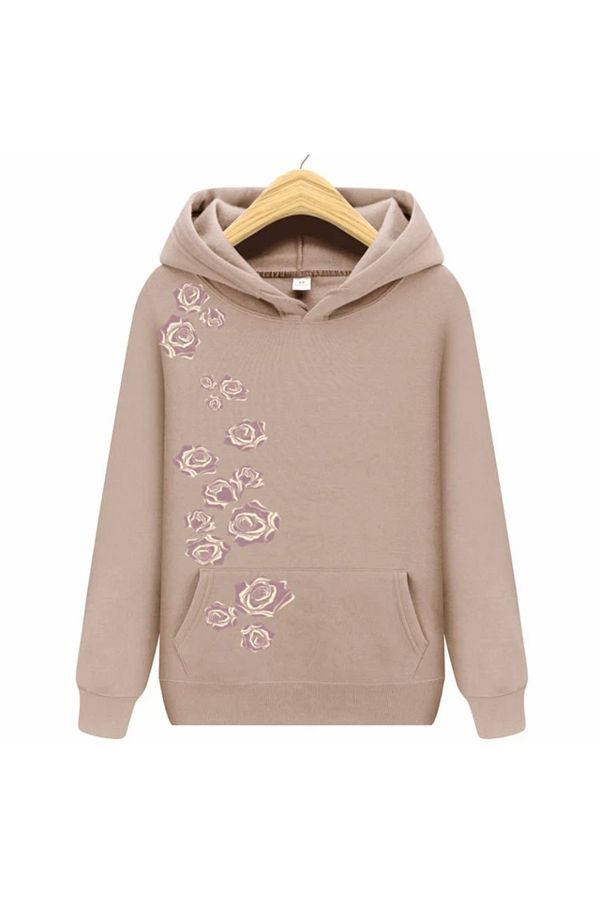 AMOR FACE Plus Size Hooded Ivy Rose Printed Stylish Women s Sweatshirt Trendyol