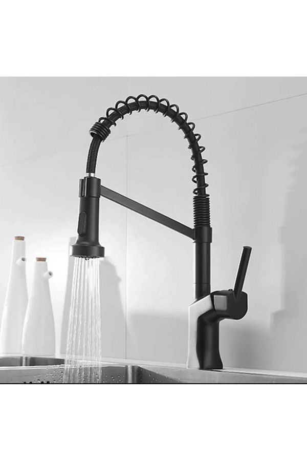 İSAOĞLU YAPI-Black Kitchen Faucet - Industrial Sink, Tap, Extending System, Luminaire with Spiral Shower Feature 1