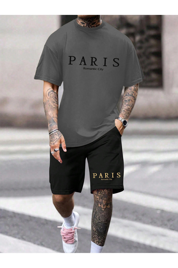 MODARİCH-Set pantaloni scurți și tricou din bumbac pieptănat supradimensionat Paris Romantic - negru afumat, decolteu 1