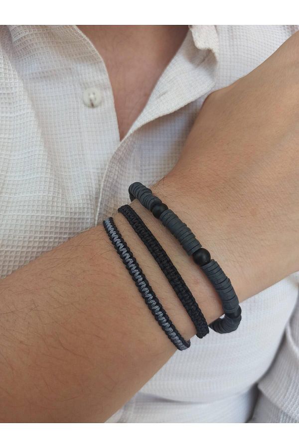 TREND-Men's Bracelet Combination Set of 3 - Knitted Macrame, String Onyx Stone Fimo Gift 1