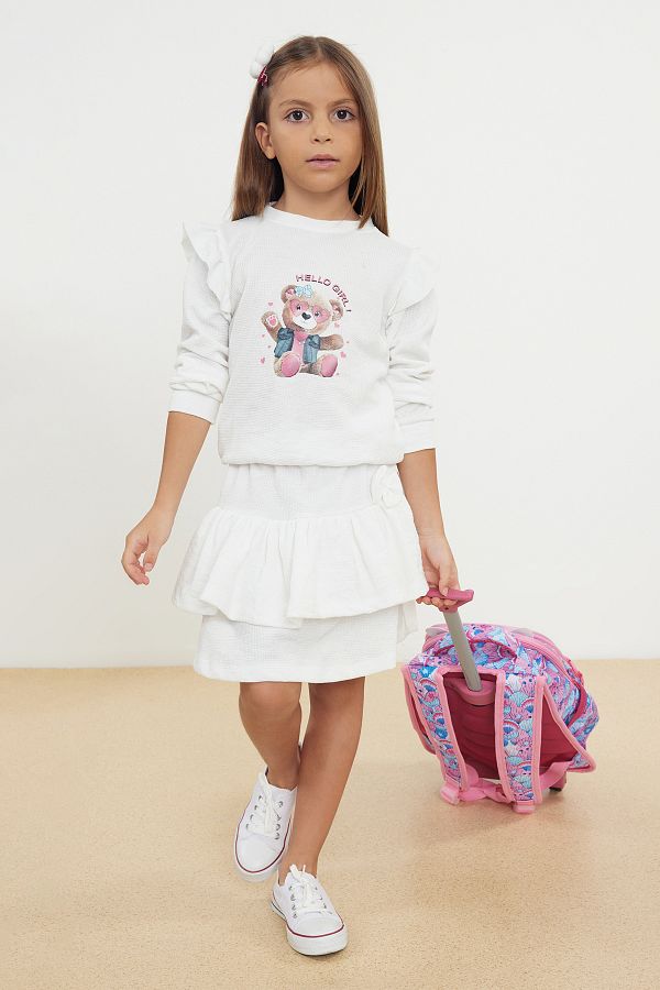 TRENDYOLKIDS-Girl's Ecru Knitted Set - Printed Bottom-Top Set TKDAW25AU00021 1