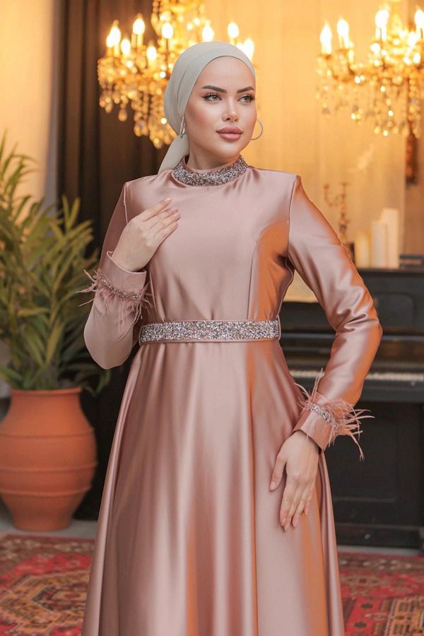 hakimoda Hijab Verana Satin Evening Dress Camel Trendyol