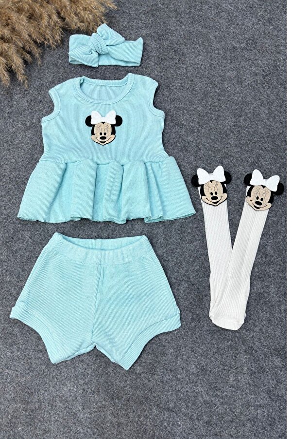 ADABEBEK Bandanalı Miki Aksesuarlı Çoraplı Ribana Şort Bluz