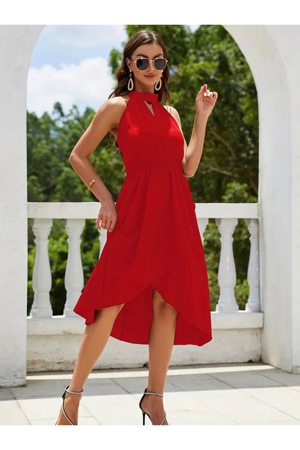 JANES Asymmetric Cut Crepe Dress Halter Neck Open Sleeve and Asymmetric Skirt Trendyol